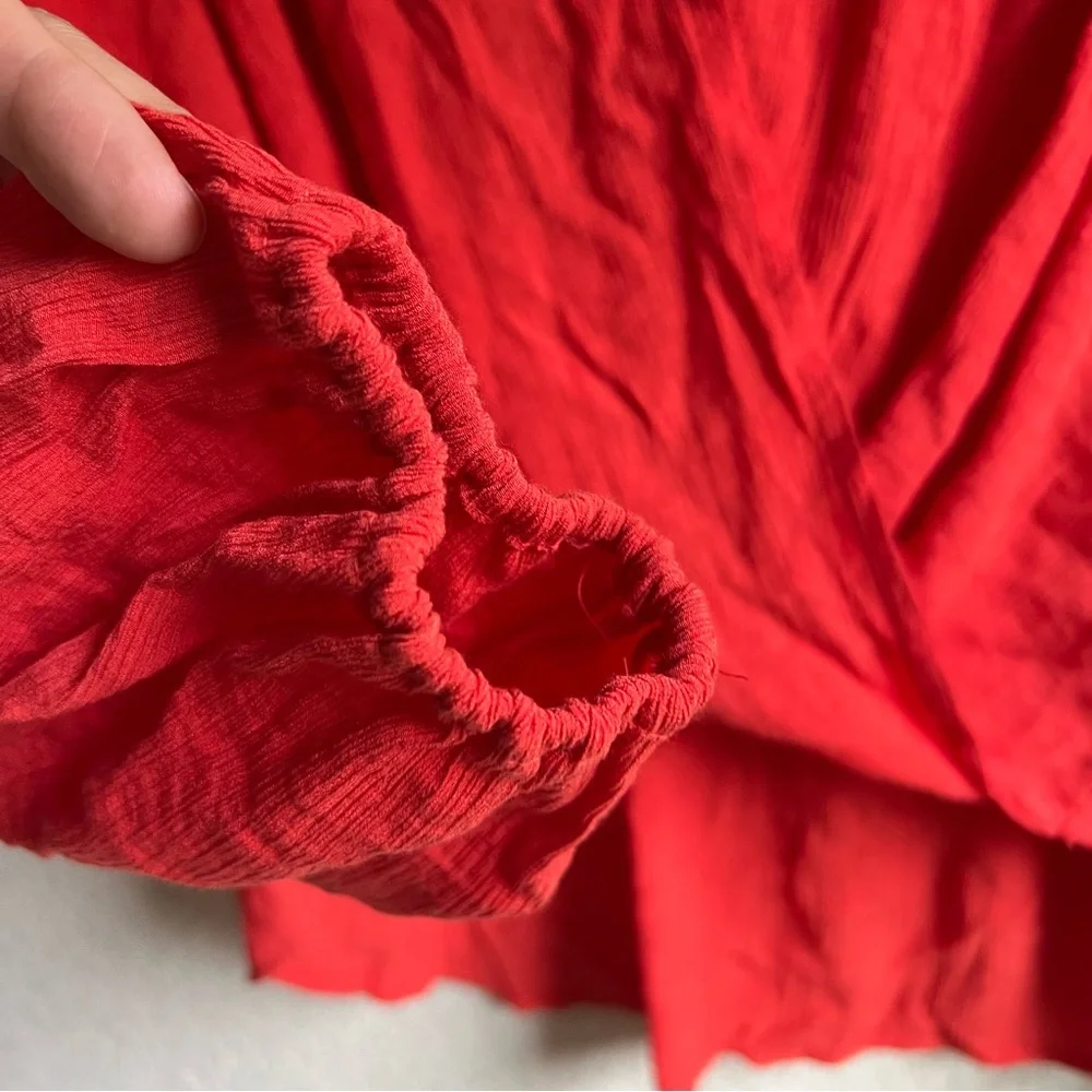 Free People Check On It Wrap Crinkle Crepe Blouse Top in Flame Red, size M